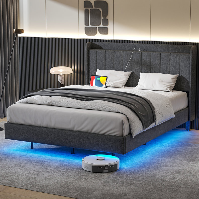 Ivy Bronx LED Upholstered Bed Frame Floating Bed Frame With Wingback Storage Headboard & Reviews